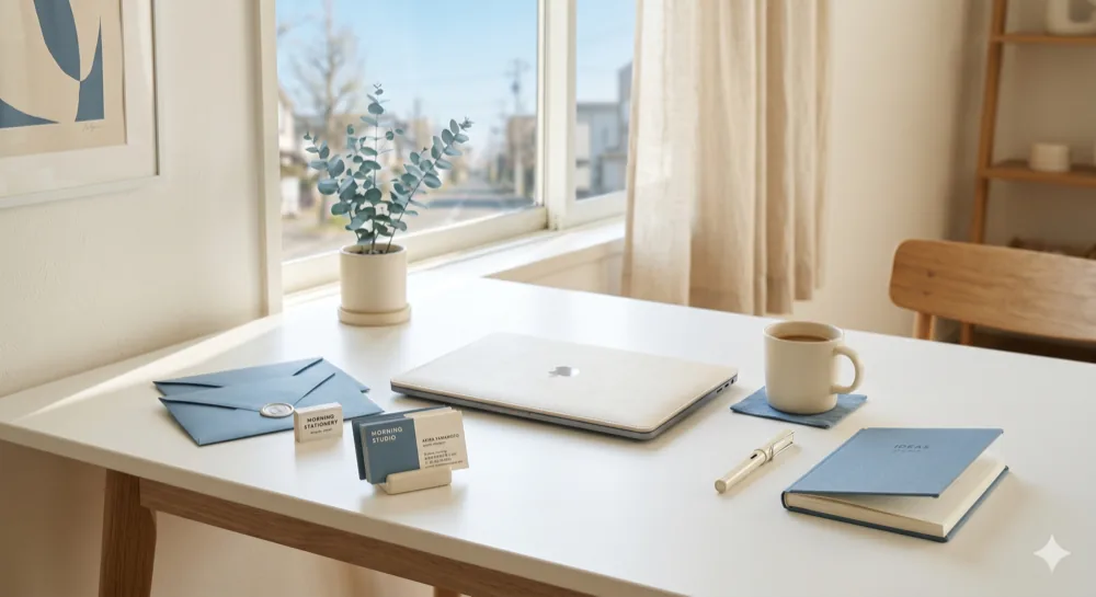 フリーランス向けの名刺や封筒を並べたデスク