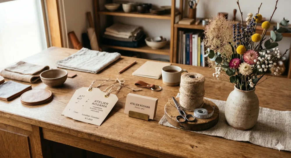 ハンドメイド作品と一緒に並ぶ商品タグとショップカード