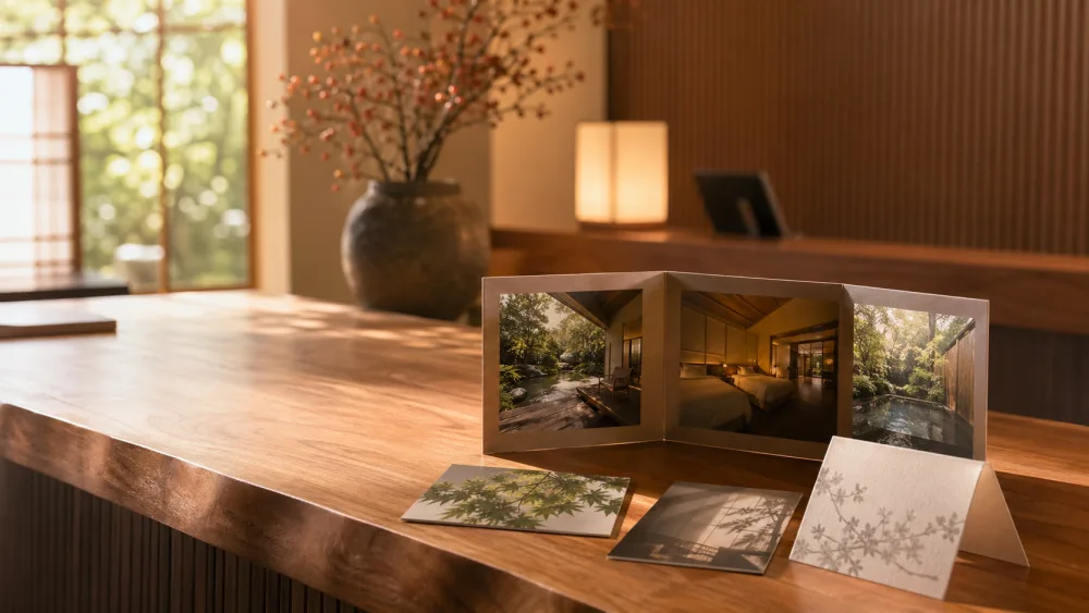 宿泊施設の案内パンフレットとポストカードを置いたフロント