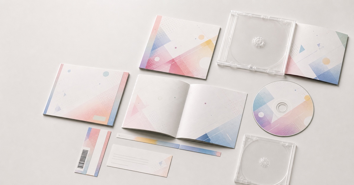 CDジャケットのフロント・バックインレイ・帯・盤面パーツ構成サンプル
