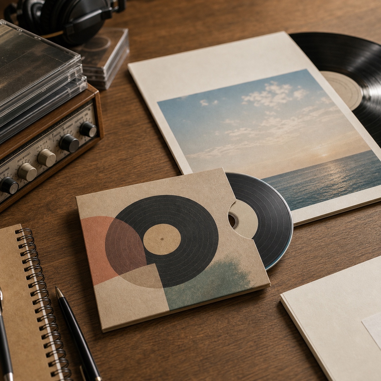 レコード風デザインのCD紙ジャケットとアナログレコードを並べた写真