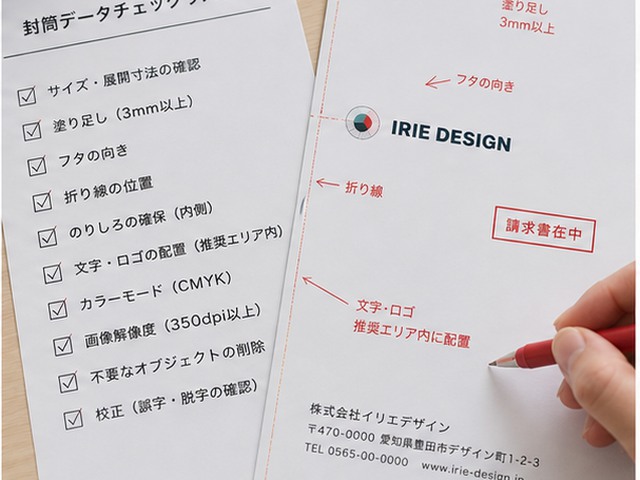 封筒データ入稿の4つのチェックポイント(塗り足し・天地・フォント切れ・フラップ展開)図解