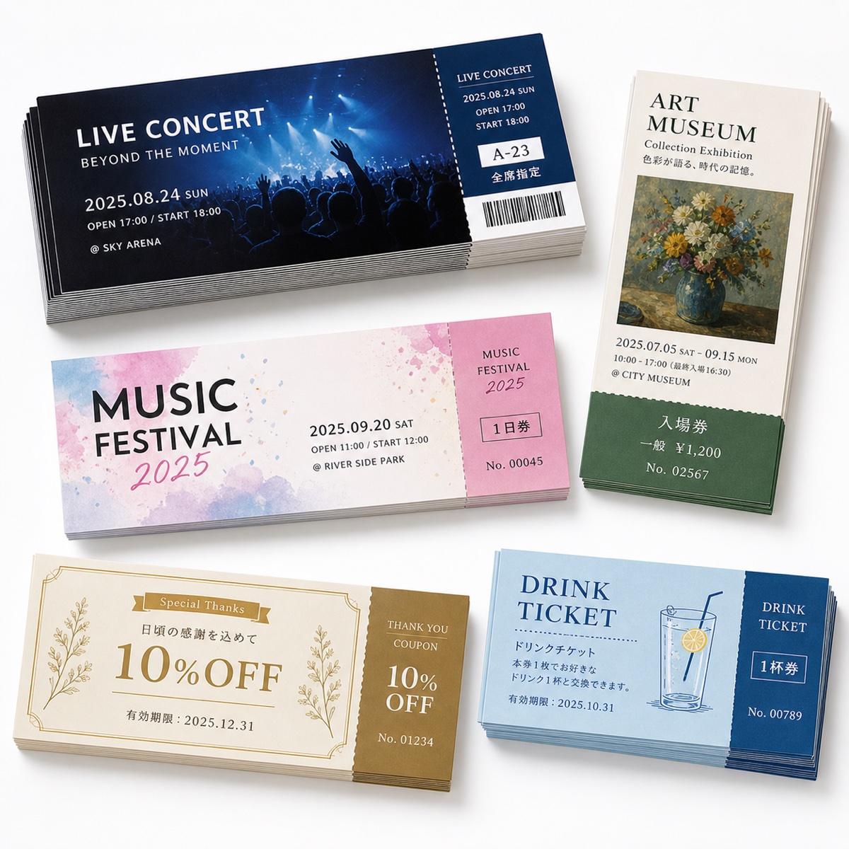 LIVE・ART MUSEUM・MUSIC FESTIVAL・DRINK TICKETなどチケットデザインのバリエーション