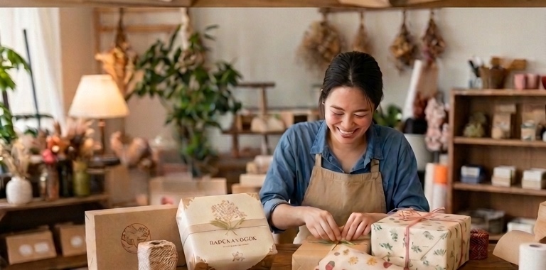 オリジナル包装紙で商品を丁寧に包装