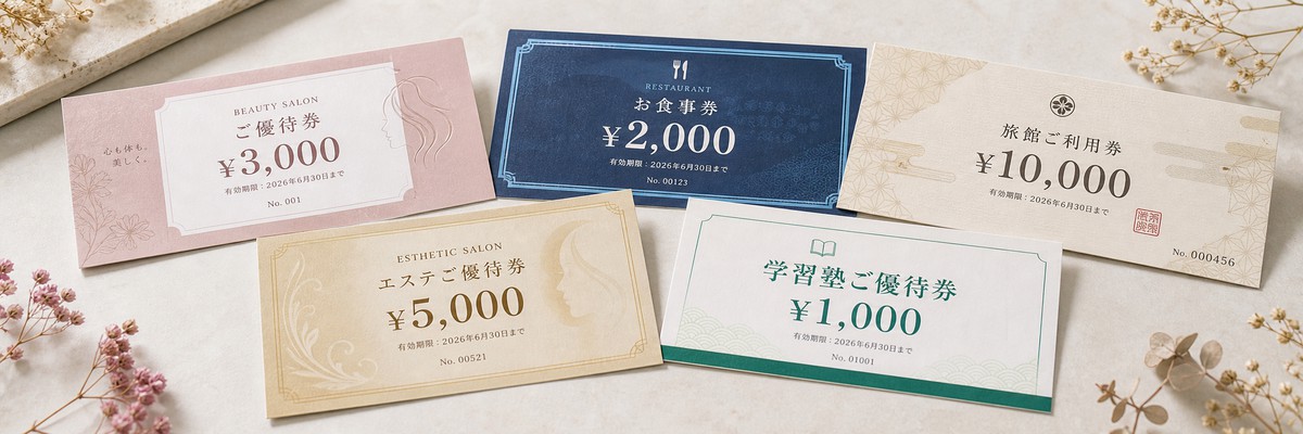 美容室・飲食店・温泉旅館・エステ・学習塾の金券・商品券・ギフト券制作例